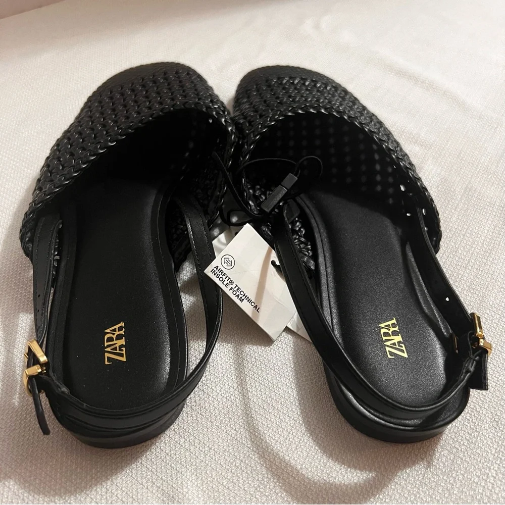 ZARA Woven Slingback Flats 9 Black NWT